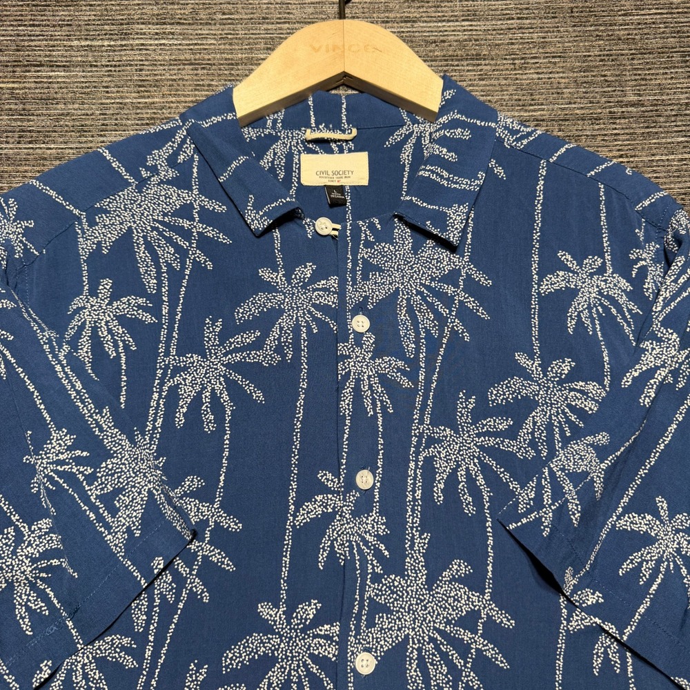 Civil Society Button shirt Mens L Blue Palm Tree SS MCFS-1038 Viscose Tropical